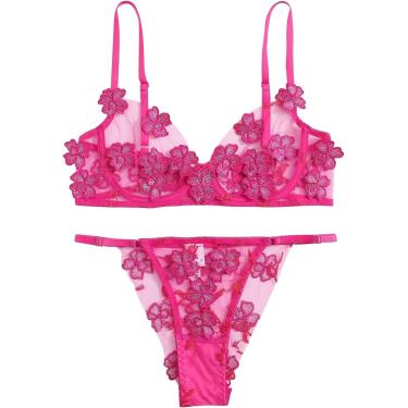 Imagem de Conjunto De Lingerie Sexy Feminina Conjuntos De Lingerie Feminina Flores Bordado Lace Applique Sutiã Transparente Calcinha Fio Dental Roupa Interior Bralette Sleepwear, Hot Pink, M