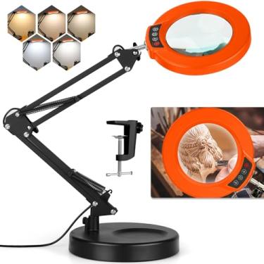 Imagem de Krstlv Lupa 12X Com Luz, Botão De Atualização, 5 Modos De Cor, Regulável Continuamente, 2 Em 1, Luminária De Mesa Com Iluminação Led E Braçadeira, Lupa Viva-Voz Com Luz E Suporte Para Reparo De Arte