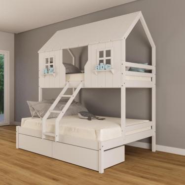 Imagem de Beliche Casal/ Solteiro Casinha Encantada com 02 Gavetas Madeira Maciça Branco Housin