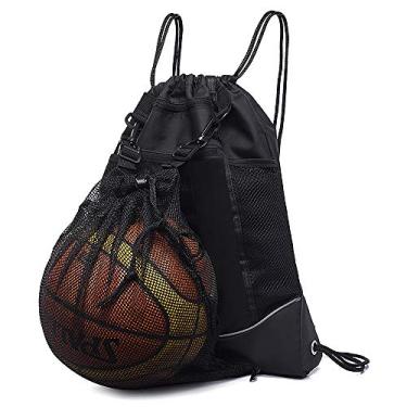 Imagem de Mochila de basquete com cordão para meninos, mochila de futebol dobrável para academia, mochila esportiva com bolsa de malha removível para vôlei, beisebol, ioga, preta