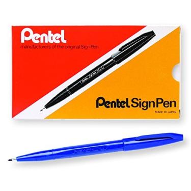 Imagem de Pentel Caneta de ponta porosa com ponta de sinal, barril azul, tinta azul, ponta ousada, caixa com 12 (S520-C) da Pentel