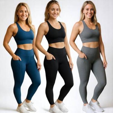 Imagem de KIT 3 CALÇAS Legging LISA com BOLSO Leg Fitness Academia Corrida Cintu