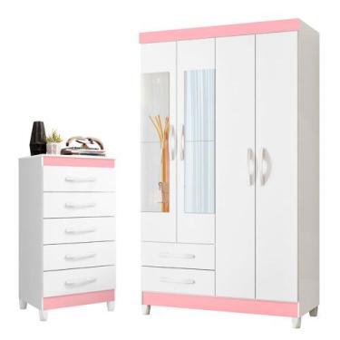 Imagem de Quarto Solteiro Completo Guarda Roupa Âmbar 4 portas com Espelho Cômod