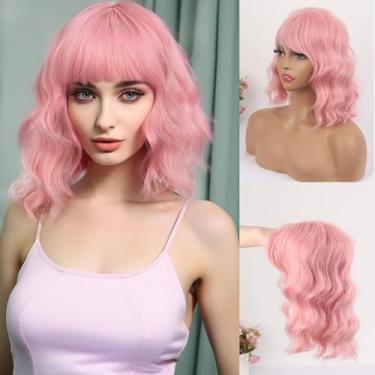 Imagem de CINHOO Peruca Curta, Cacheada E Ondulada De 14 Polegadas Para Mulheres Com Cabelo Ralo - Franja Sintética 360 3D, Bob Rosa Presilha