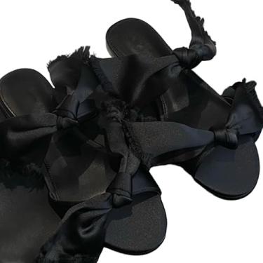 Imagem de Archicolor Sapatos de verão francês retrô seda gravata borboleta chinelos femininos minimalistas elegantes sandálias casuais para festa, Preto, 37