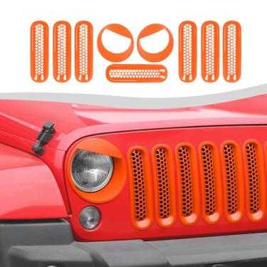 Imagem de SQQP Inserção De Grade Malha + Acabamento Para Farol E Luz Seta Estilo Angry Birds, Compatível Com Jeep Wrangler Jk Jku 2007-2018 (Laranja)