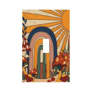 Imagem de Placa de parede retrô floral de cogumelo anos 70 Boho 1 Gang Vintage Sun Rainbow Single Toggle Light Switch Cover Plate Jumbo Electrical Switchplate Receptáculo Faceplate