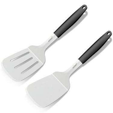 Imagem de POTWIY Conjunto de 2 espátulas de aço inoxidável, espátulas de metal para uso na cozinha, frigideira de ferro fundido, espátula sólida e ranhurada com alça resistente ao calor, flipper para bifes