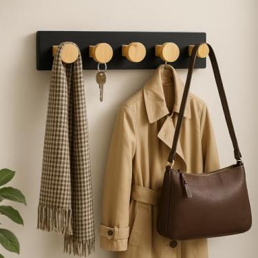 Imagem de Cabideiro de Parede Estilo Industrial em Madeira Natural com Preto Fosco | Instalação Sem Furo com Fita Dupla Face | Minimalista | Pronto para Uso | by Ateliê TH Wood Art