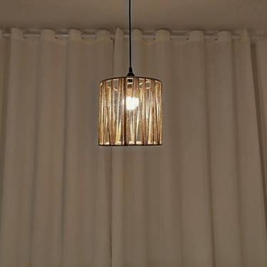 Imagem de Lustre Pendente Artesanal em Sisal Rami Natural, 20x20cm, Estilo Rústico Moderno, – Estrutura em Ferro, Decoração Natural - Com Kit de Instalação