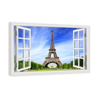 Imagem de NHLDZYH Janela de arte de parede com impressão em tela. Vista de janela falsa. Impressão de imagem natural em tela. Arte de cenário para decoração de sala de estar. (Vista da Torre Eiffel de Paris 25