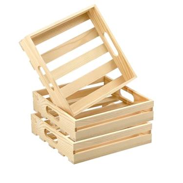 Imagem de Pacote com 2 caixas de paletes de madeira para artesanato com alça, bandejas de madeira em branco armazenamento quadrado para decorações de artesanato DIY (externo 22 x 22 x 5 cm, interior 20 x 20 x 4,4 cm)