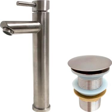 Imagem de Dona D Cor, Kit Torneira Bica Alta Redonda Inox Escovado Monocomando Misturador e Válvula Click 1 1/4 Banheiro Lavabo Pia Água Quente Fria Aço Inox Fosco