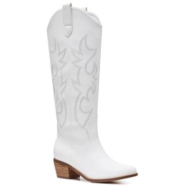 Imagem de Eteridrey Botas femininas Western Cowgirl bordadas, botas caubói, salto alto, cano médio, retrô, bico fino, Halloween, cosplay, sapatos de casamento, 2 branco, 37