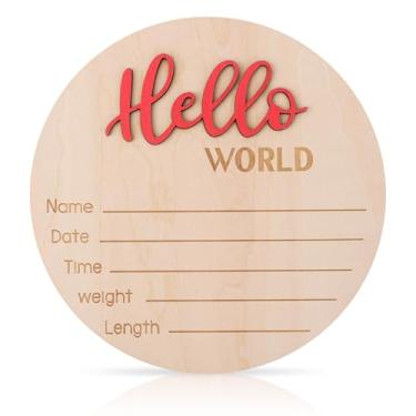 Imagem de Placa Anúncio de Bebê, 15cm em Madeira Hello World Placa de Boas-Vindas para Recém-Nascido Anúncio Nascimento com Nome para Hospital Quarto Bebê (Vermelho)
