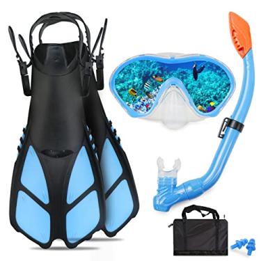 Imagem de AosDero Conjunto De Mergulho Com Snorkel Infantil Nadadeiras, Máscara Panorâmica, Protetores Auriculares Secos, Bolsa Equipamentos, Para Crianças, Jovens, Meninos E Meninas 5 A 12 Anos