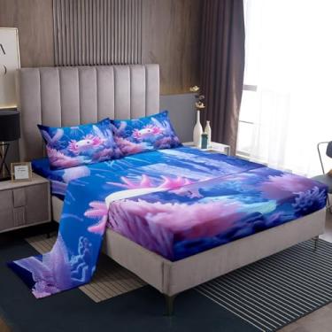 Imagem de Erosebridal Jogo de lençol solteiro 3D Axolotl, 3 peças, fantasia fofa água-viva macia para crianças, meninas, meninos, lençol com elástico subaquático para quarto, lençol com elástico e coleções de