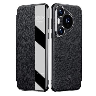 Imagem de HAO RIYLN Capa flip para Huawei Pura 80 Ultra/80 Pro +/80 Pro/80, Smart Clear View Window Capa de couro genuíno Capa de negócios de luxo, preta, 80 Pro