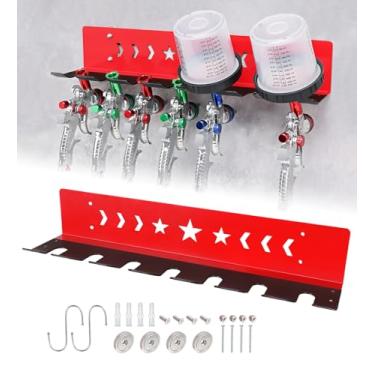 Imagem de SKYJDM Suporte de pistola de pintura para montagem magnética ou na parede, comporta 7 pistolas de alimentação por gravidade ou 4 com copos, organizador de tinta de aço resistente com ganchos em S para