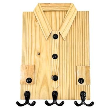 Imagem de Cabide de chaves de madeira natural, ganchos pretos para pendurar na parede e na porta, suporte de chaves, design de camisa de madeira feito à mão