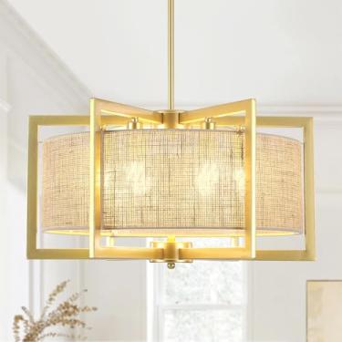 Imagem de ALISADABOY Lustre dourado pulverizado para sala de jantar 53 cm moderno fazenda geométrico tambor lustre industrial 6 luminárias pendentes para cozinha ilha entrada hall de entrada corredor