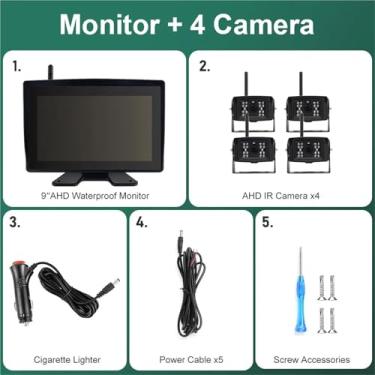Imagem de Compatível com gravador DVR AHD de 9'' à prova d'água, monitor traseiro/frontal/lateral, câmera 1080p compatível com caminhão, empilhadeira, escavadeira, veículo agrícola(4 Camera,128GB Card)