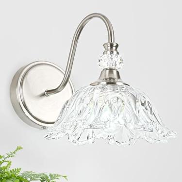 Imagem de sunkryster 1 peça de arandela de parede de níquel escovado com sombra de vidro transparente floral, acabamento em níquel escovado, iluminação de parede para banheiro, luminária moderna para banheiro