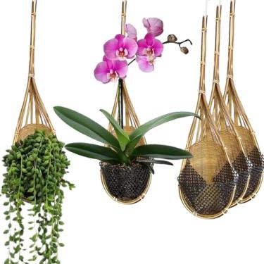 Imagem de Gogeffor Vaso de orquídeas pendurado: cesta de flores de bambu com ajuste ambiental feito à mão - vaso de parede de 10 cm para plantas de ar suculentas de orquídeas, videira - 5 peças