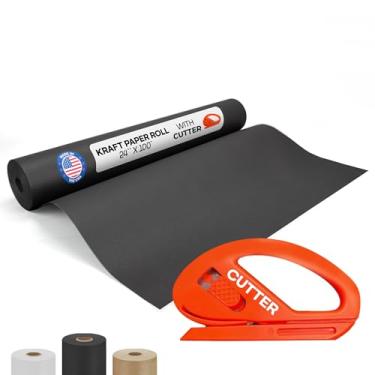 Imagem de IDL Packaging Rolo de papel Kraft preto 61 x 3048 cm (30 m) com cortador - Papel de embrulho feito nos EUA para embalagem, mudança, envio e artesanato/artes - Material de artesanato natural 100%