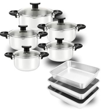 Imagem de Jogo de panelas completo aluminio polido resistente com assadeiras retangulares 3 tamanhos