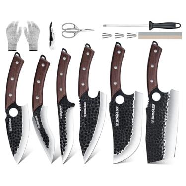 Imagem de Conjunto de 13 facas de açougueiro cutelo de carne, faca santoku forjada à mão, faca de desossar de cozinha de aço de alto carbono para cortar carne com saco de rolo e acessórios, presente de