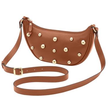 Imagem de Mariart Pequi Bolsa Shoulder Transversal Feminina de Couro Bovino Legítimo c/Bolinhas Metálicas (Camel)