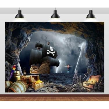 Imagem de CORFOTO Tecido de 2,4 x 1,8 m pano de fundo de navio pirata do oceano caverna do mar escuro vela aventura ilha do tesouro para decorações de festa temática pirata crianças adereços de cabine de fotos