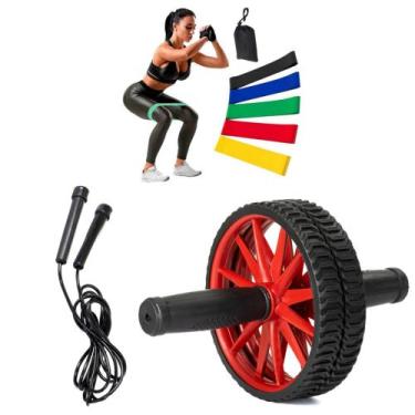 Imagem de Kit roda abdominal + 5 Elástico + Corda para pular Treino Fitness Func