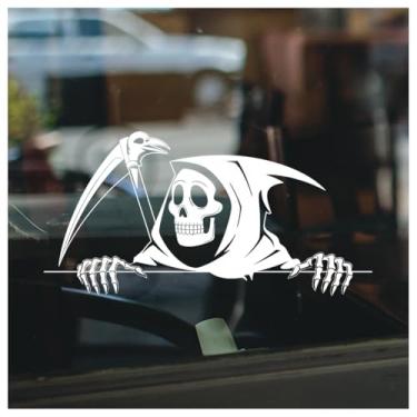 Imagem de Decalque de caveira com capuz esqueleto com foice, vinil impermeável para carro, caminhão, SUV, laptop, caixa de ferramentas, janela, parede, decoração de garagem, arte de terror 18 cm