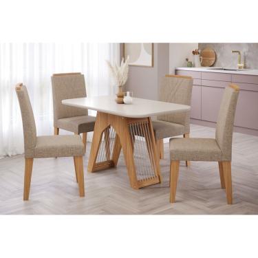 Imagem de Sala de Jantar Completa Carol Tampo Madeirado c/ Vidro 130x80cm e 4 Cadeiras Nicole Nature-Madeirado/Off White-Linho Bege - Cimol