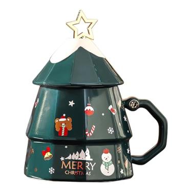 Imagem de J.Ehonace Caneca de café de cerâmica de árvore de Natal com tampa e colher, design de feriado grande com boneco de neve e decorações festivas, verde (verde)