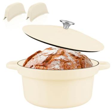 Imagem de CUKOR Panela de forno holandês de 7 litros com tampa, fornos holandeses de ferro fundido esmaltado para assar pão fermentado, panela antiaderente de cerâmica holandesa, segura para forno, branca (10