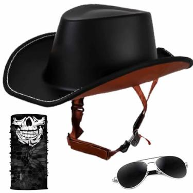 Imagem de GYLRFAN Meio capacete retrô de motocicleta, chapéu de caubói ocidental, rosto aberto, aprovado pelo DOT unissex para adultos, com fivela de liberação rápida e forro para ciclomotores, bonés de jazz de