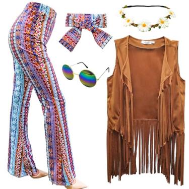 Imagem de ATAMET Conjunto de 6 peças de fantasia hippie hippie dos anos 60 e 70 para discoteca, colete com franja, boêmio, conjunto de acessórios de paz para mulheres (retrô, M)