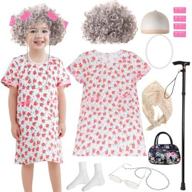 Imagem de Forfamy Fantasia De Velha Senhora Para Crianças 10 Peças 100 100º Dias De Aula Fantasia Vestir Meninas Vovó Vovó Cosplay Roupas (Flor, Grande)