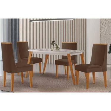 Imagem de Conjunto Sala de Jantar Havana c/ Tampo Madeirado c/ Vidro Canto Curvo 120x80cm e 4 Cadeiras Dakota Madeira Maciça Naturale/Off White - Capuccino/Sued