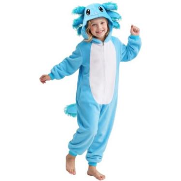Imagem de Gorkonpy Pijama Axolotl para crianças e meninas, pijama de festa de Halloween, Axolotl azul, 10-12 Years