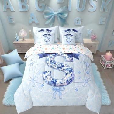 Imagem de Erosebridal Jogo de cama casal com laço azul fofo, conjunto de edredom com laços de coquete para meninas, crianças e adolescentes, cama floral em uma bolsa, princesa, aquarela, inicial P, presentes de