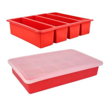 Imagem de Forma de Gelo em Silicone Flexível Antiaderente Cubos Grandes e Barras de Gelo para Bebidas e Drinks Fácil de Desenformar Kit com 2 (Vermelho)