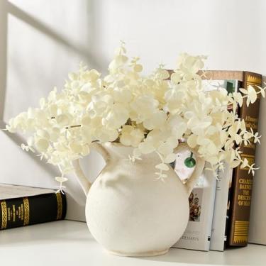 Imagem de LUKA Vaso de cerâmica antigo com 2 alças, vaso rústico de 17 cm, decoração minimalista, vasos decorativos para decoração de casa, mesa, sala de estar, prateleira, decoração de Natal (pequeno, branco)