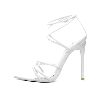 Imagem de Cape Robbin Sandália Ada com tiras pontiagudas e bico aberto no tornozelo e salto agulha preta, Branco, 37