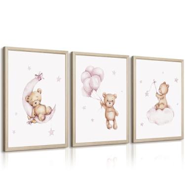 Imagem de Urso Berçário Decoração de Parede Urso de Pelúcia Arte de Parede Tela Bebê Menina Decoração de Parede Fotos Rosa Balão Berçário Impressões Arte Lua Estrela Nuvem Arte para Quarto de Meninos 40,6 x