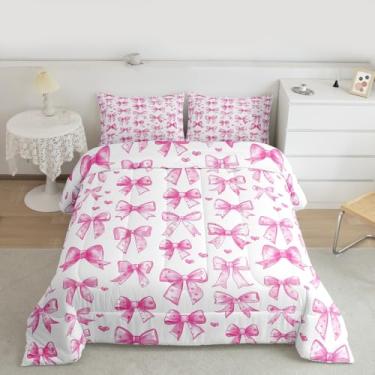 Imagem de jejeloiu Conjunto de edredom com laço kawaii, tamanho casal, fofo, com laço, para crianças, meninos, rosa, edredom para decoração de quarto, 3 peças com 2 fronhas