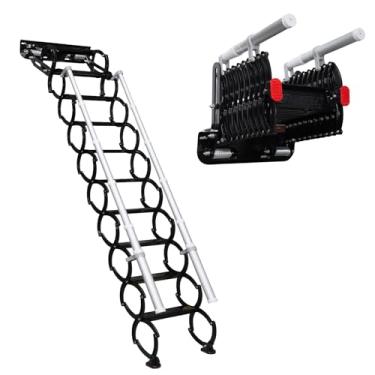 Imagem de Escada dobrável montada na parede com corrimões, sistema de puxar para baixo, escada telescópica no sótão, altura aplicável 2,4 a 2,5 m, sótão, porão, armazém, escada dobrável de passagem (preta, 10